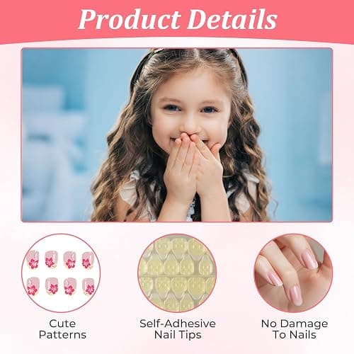96 PCS False Nails, Waterproof Durable Press on Nails for Kids, Flower Fake Nail Stickers, Self Adhesive Nail Art Kit for Parties, Halloween, Daily Wear thumbnail 3