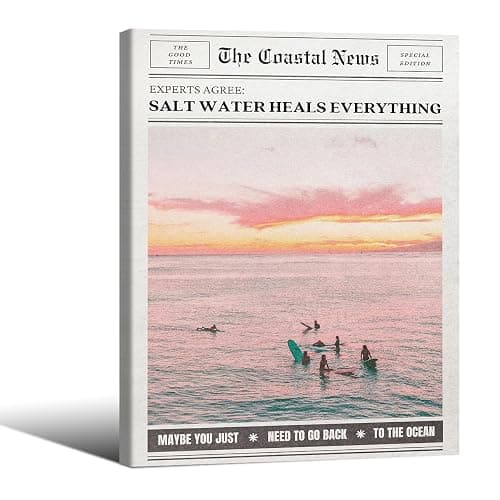 Pink Beach Newspaper Posters Vintage Fashion Coastal Girl Surf Wall Art 08x10 inch Framed Grainy Salt Water Heals Everything Canvas Prints for College Dorm Bedroom Wall Decor - Image 1