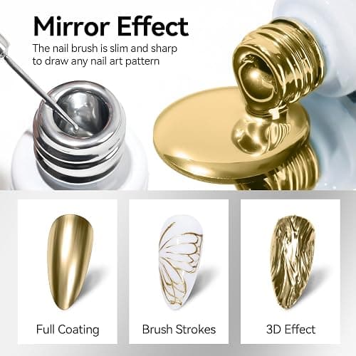 MIZHSE 2PCS Gold and Silver Metallic Gel Liner Nail Art 3D Mirror Gel Paint, Metal Chrome Glossy Painting Drawing Line Swirl, French Nail Design Dotting Soak off Manicure Set Nail Art for Home Salon thumbnail 2