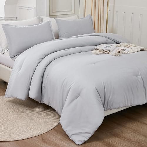 Litanika Light Grey Comforter Full Size, 3 Pieces Lightweight Solid Bedding Comforter Set, All Season Fluffy Bed Set (79x90In Comforter & 2 Pillowcases) - Full (79"x90") - 07 - Light Grey thumbnail 6