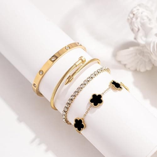 18K Gold Plated Womens Stackable Floral Gold Clover Bracelets Set Love Bangle Bracelets Non Tarnish, Nail Bracelet Set Trendy Jewelry,Gifts for Women's Day and Mother's Day thumbnail 8