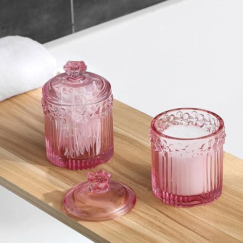 rejomiik 2 Pack Qtip Holder Glass Apothecary Jars with Lids Set Bathroom Canisters Dispenser Organizers and Storage for Cotton Swabs, Balls, Pads, Floss Picks, Candy, Pink thumbnail 4