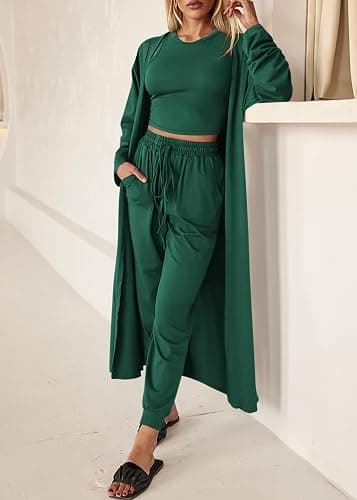 KIRUNDO 3 Piece Lounge Sets for Women Airport Travel Vacation Outfits 2025 Fall Cardigan Matching Sleeveless Top Jogger Pants thumbnail 4