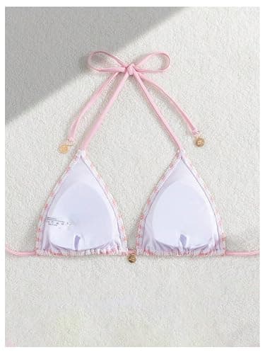 WDIRARA Women's Striped Halter Bikini Top Tie Backless Triangle String Cute Swim Tops with Charm thumbnail 2