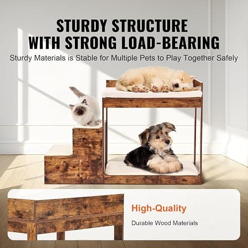 VEVOR Pet Bunk Bed with Stairs, Dog/Cat Window Perch for High Beds and Couches, Medium Multi-Level 3 Step Dog Seat Platform Sleeper Couch, Practical for Modern Homes (Rustic Brown) thumbnail 4