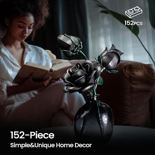 iATOM Black Roses Flower Building Set - 3Pack, Gift for Halloween Bouquet for Adults - Gothic Horror Retro Artificial Flowers Botanical Collection Home Decor - IA11009 thumbnail 2