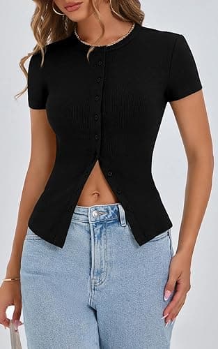 PRETTYGARDEN Women's Short Sleeve Summer Tops 2025 Trendy Ribbed Knit Button Up Tight Basic Tees Shirts Going Out Y2K Clothes thumbnail 9