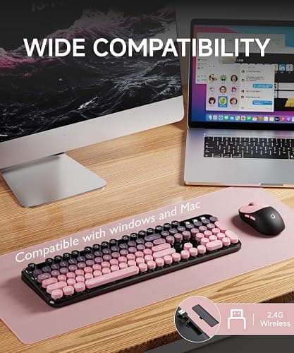 EWEADN V96 Wireless Keyboard and Mouse Combo, 2.4G Wireless Full-Sized Retro Typewriter Style Keyboard with Round Keycaps, 104 Keys Computer Keyboards and Mouse for Windows/Mac/PC, Gradient Pink thumbnail 6
