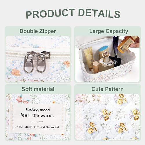 GISMTR 3Pcs Cotton Quilted Makeup Bag Large Travel Cosmetic Bag Coquette Makeup Pouch Cute Aesthetic Floral Toiletry Bag for Women Girls (flower-U) - flower-U thumbnail 2