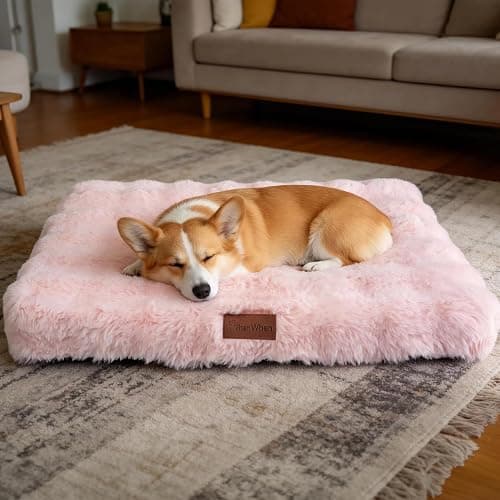 Vhen When Orthopedic Dog Beds for Medium Dogs, Fluffy Faux Rabbit Fur Pet Bed with Removable Washable Cover, Dog Bed Mat with Egg Crate Foam & Waterproof Lining, Anti Slip Bottom, Pink,30"x20"x3" - Image 1