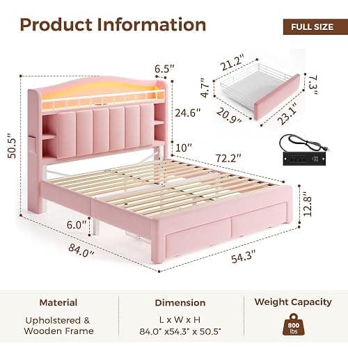 Full LED Bed Frame with Storage Headboard & 2 Storage Drawers, Princess Velvet Upholstered Bed with Vertical Tufted Headboard Design for Girls, USB & Type-C Charging Ports, Wooden Slats Support, Pink thumbnail 2