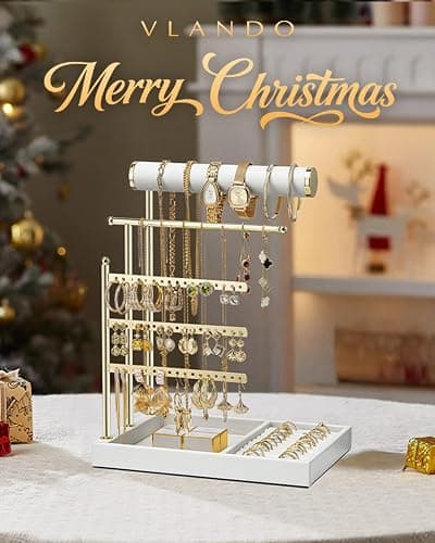 Vlando Jewelry Stand Organizer with Ring Holder, Jewelry Holder Organizer with Tray, Necklace Holder Bracket Holder Earring Holder - White thumbnail 2