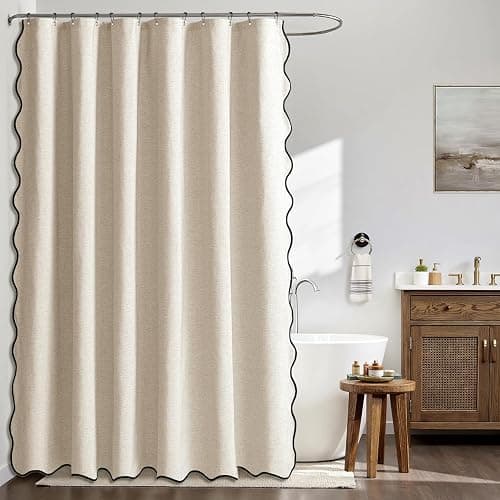 MIULEE Beige Scalloped Shower Curtain Linen Textured with 12 Metal Hooks Cute Heavy Duty Washable Waterproof Neutral Thick Cloth Shower Curtains with Black Border for Bathroom Bathtub,W72*L72 Cream thumbnail 3