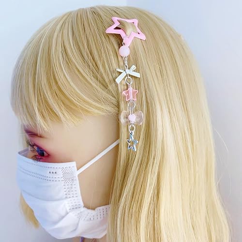 FFLaiwah Y2k Kawaii Star Hair Clips with Charms, Candy Colors, Bow Moon Heart Coquette Aesthetic Barrettes Beads Tassel Glitter Sparkly Star Hair Clips Accesssories for Women-Pink thumbnail 4