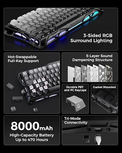 GravaStar Mercury K1 75% Wireless Mechanical Gaming Keyboard, Aluminum Alloy, Gasket Compact Custom Keyboard Hot-Swap Socket, Linear Switches, RGB Backlit - Gradient Black thumbnail 7