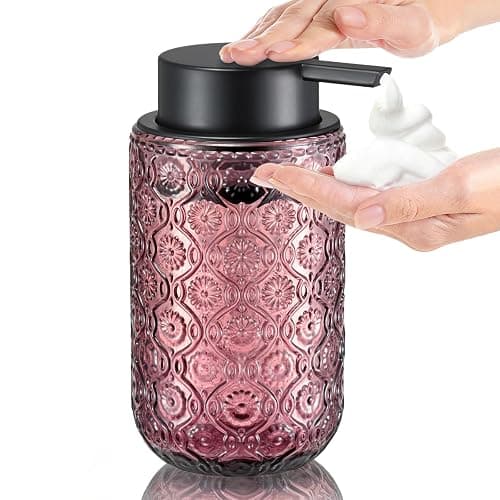zuxzmj Pink Glass Foaming Hand Soap Dispenser with Matte Black Pump Thick Embossed Bottle Refillable for Bathroom and Kitchen Decor 13.5 oz - Image 1