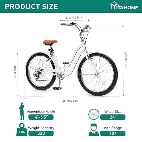 YITAHOME 24 & 26 Inch Beach Cruiser Bike, 7 Speed & Single Speed Commute Bike, Step-Through Bicycle for Adult Women & Men, Steel Frame Cruiser Bike with Full Front & Rear Fenders thumbnail 2