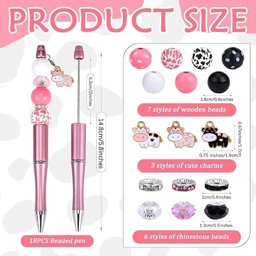 WEWAYSMILE 18 Pieces Beadable Pen DIY Cow Series Ballpoint Pen Set in Black Ink, with 110 Various Beads, 18 Pcs Lobster Clasps, 18 Cow Pendants, DIY Gifts Crafts Office Supplies thumbnail 3