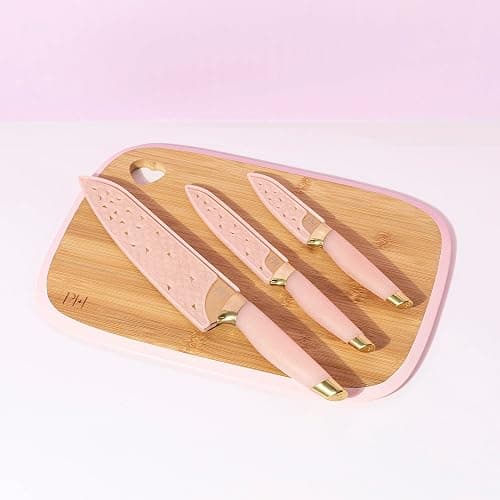 Paris Hilton Bamboo Cutting Board for Kitchen, Reversible Cutting Board and Cutlery Set with High Carbon Stainless Steel Knives and Blade Guards, Comfortable Handle Grips, 7-Piece Set, Gold and Pink thumbnail 8