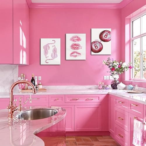 Framed Pink Preppy Canvas Wall Art Set of 3, Trendy Cheetah Pictures Wall Decor, Funky Lucky 8 Ball Coquette Lip Paintings Prints Y2K Girly Aesthetic Home Decor for Living Room Bedroom Dorm 12x16 inch thumbnail 5