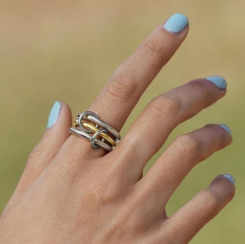 Bopiu Gold Stackable Rings for Women Non Tarnish, 18k Gold Plated Cubic Zirconia Rings, Silver Gold Multi Ring Mixed Metals Stack Rings Set thumbnail 2