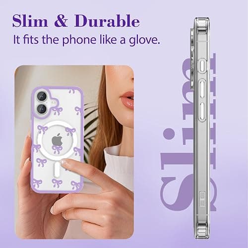 EYZUTAK Magnetic Case for iPhone 17, Compatible with MagSafe, Clear Cute Ribbon Bowknot Pattern Aesthetic Bow Phone Case Stylish Slim Anti-Yellowing Durable PC Protective Cover for Women Girls- Purple thumbnail 5