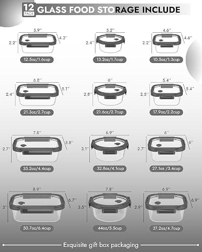 BOROHOUSE 12-Pack Glass Containers with Tempered Lids – Borosilicate, Oven-Safe(-4°F~950°F), Airtight, BPA-Free, Multi-Size for Meal Prep, Dishwasher Safe (Gray) thumbnail 2