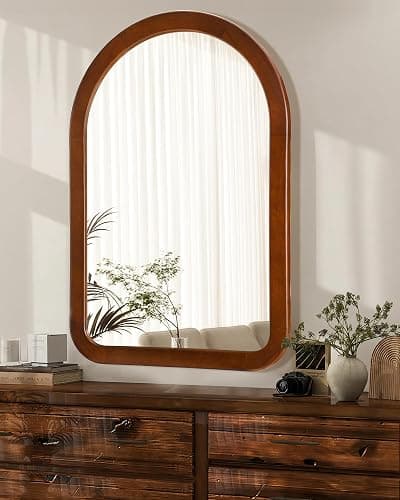 Arched Mirror 24 x 36 Inch,Walnut Brown Wood Rustic Bathroom Wall Mirror | Tempered Glass Hanging Mirror with Wooden Frame,Round corner Arch Farmhouse Vanity Mirror for Living Room,Entryway or Bedroom thumbnail 2