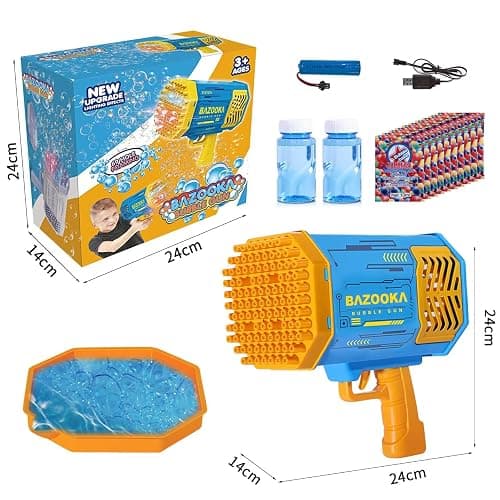 Bubble Gun Bazooka Machine with Solution - 69 Holes Blaster for Outdoor Summer Toy, Party Favors - Blue Easter Bubble Maker Blowers for Kids thumbnail 3
