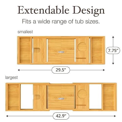 Bathtub Tray Caddy - Premium Bamboo Expandable Bath Tub Tray Table, Luxurious Wooden Bath Caddy for Books, Tablets, Wine, Bathroom Accessories, Spa Essentials, Housewarming, Wedding - Bamboo thumbnail 2