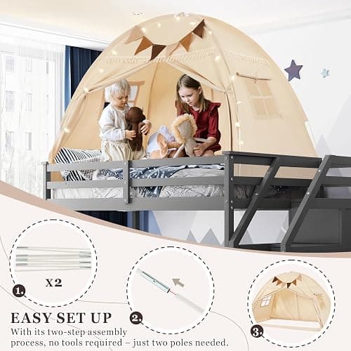 Twin Size Bed Tent Canopy, Kids Play Tent with Flags & Star Lights, Canopy on Bed Privacy Space Sleeping Blackout Tents, Indoor Breathable Portable & Foldable, Girls & Boys Gifts, Cream Tassels Style thumbnail 5