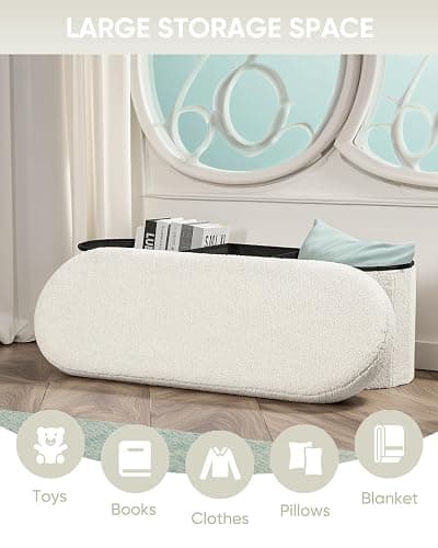 Bonlife Folding Ottoman Storage Bench,Boucle Footstool Oval, End of Bed Stool, Ideal for Living Room, Bedroom, 100L Storage Space,White,110x38x38cm thumbnail 4