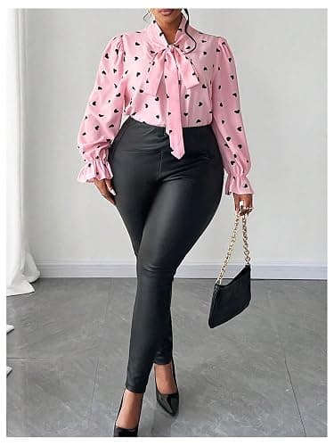 WDIRARA Women's Plus Size Heart Print Bow Tie Neck Long Sleeve Blouse Office Shirt Top thumbnail 3