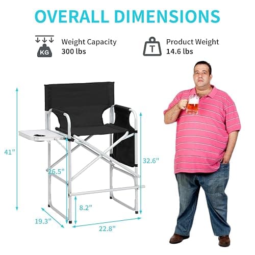 Outvita 26" Tall Directors Chair Height Seat Folding with Side Table Storage Bag, Support for 300Lbs Portable Makeup Artist Chair with Bar Height(Black) thumbnail 3