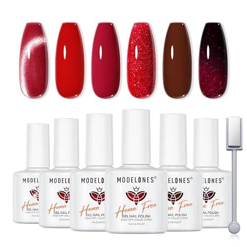 Modelones Gel Nail Polish 6 Colors Red Gel Polish Burgundy Glitter Cat Eye Color Changing Gel with Magnet Soak Off Nail Art DIY Manicure Salon Home Gifts for Women Girls - Image 1