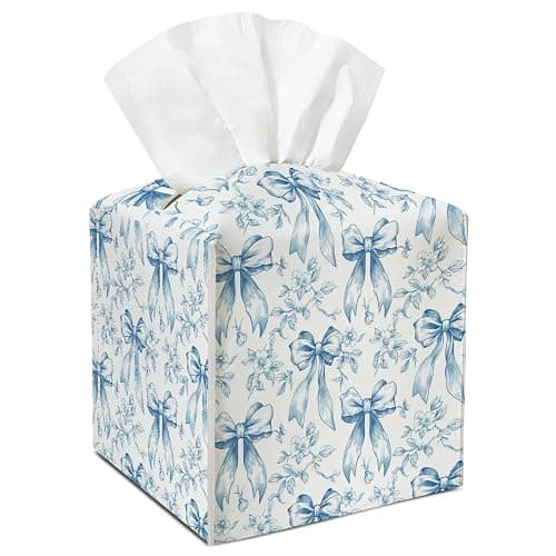 Blue Bows Leather Tissue Box Cover Square Vintage Tissue Holder for Car Livingroom Office Decor Ideal Gifts for Women Colleagues Family Sister Bestie Daughter Birthday Christmas Housewarming - YT0181 - Image 1