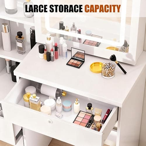 Vanity Desk with Mirror and Lights,Makeup Vanity with Extra Hidden Stroage,Makeup Desk with 4 Drawers 7 Open Shelves,Dressing Table for Bedroom,3 Color Light Modes,Small Vanity Desk（US Fast Arrival） thumbnail 7