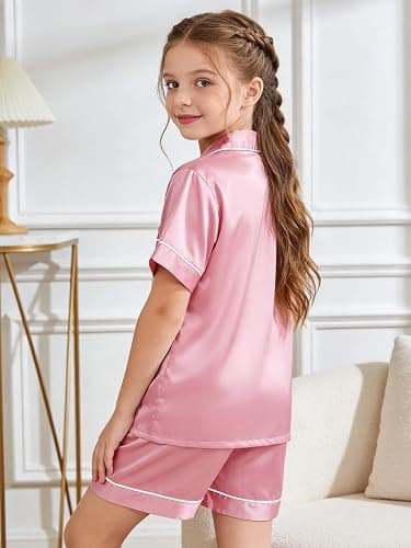 LANKMEI Girls Pajamas Silky Satin PJs 2Pcs Sleepwear Short Sleeve Button Top and Shorts thumbnail 3