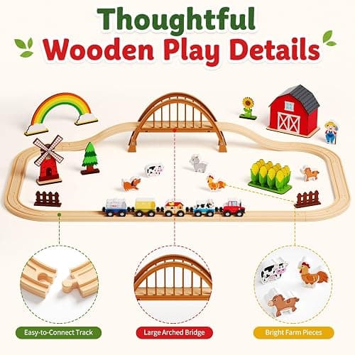 QODOFLR Wooden Farm Train Set,Toddler Toys,Train Set for Toddlers 3-5,Magnetic Train Toys,with Plastic Tracks Compatible with Major Brands Expandable，Sensory Toys for Kids,Ideal Gifts Boys, Girls thumbnail 2