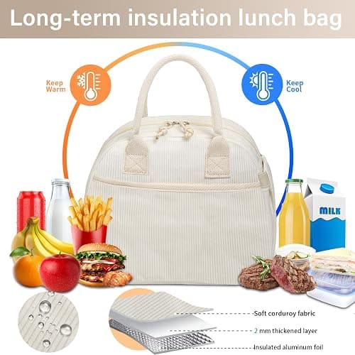 Carry bloom Lunch Box for Women, Insulated Lunch Bag Cute Corduroy Lunchbag | Reusable Lunchbox for Work (1 brown white stripes) thumbnail 7