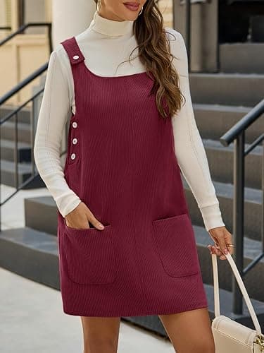 Yousify Womens Corduroy Overall Dress Square Neck A Line Jumper Mini Dresses Casual Sleeveless Rompers with Pockets thumbnail 5