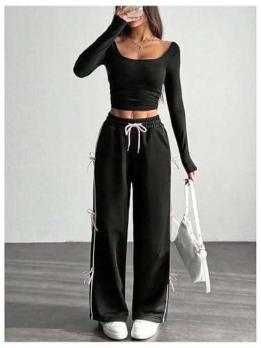 GORGLITTER Women's Bow Y2k Sweatpants Drawstring Wide Leg Baggy Flare Coquette Pants Trousers - Large - Black thumbnail 5