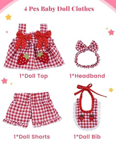 BABESIDE 12-16 Inch Baby Doll Clothes, 4-Piece Doll Outfit Set | 4 Pcs Doll Outfit Set with Strawberry Top, Shorts, Bib & Headband, Cute Baby Doll Accessories, Dress-Up Gift for Kids 3+ thumbnail 4
