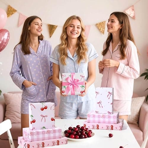 Pineraap 12 Sheets Pink Bow Cherry Wrapping Paper, Bowknot Printed Gift Wrap Paper Decorative Craft Paper for Girls Women Birthday Wedding Baby Shower Coquette Party, 19.7 x 27.6 Inch thumbnail 7