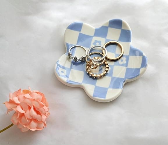 OVENKEI Teen Girls Gifts Trendy Stuff Aesthetic Room Decor Bedroom Decor Aesthetic Preppy Room Decor Aesthetic Stuff Checkered Jewelry Tray, Blue thumbnail 2