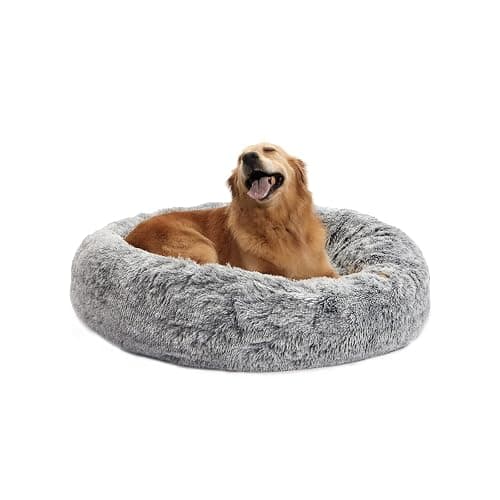 Bedfolks Calming Donut Dog Bed, 36 Inches Round Fluffy for Large Dogs, Anti-Anxiety Plush, Machine Washable (Dark Grey, Large) - Image 1