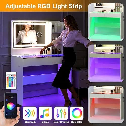 Cielozen Vanity Desk,Makeup Vanity Desk with Mirror and Lights,Transparent Top with LED Multiple Color Lights,Mirror 3 Color Modes 2 Drawers,Power Outlet,Dressing Table for Girls Bedroom,White thumbnail 6