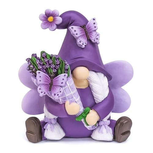 KnomeKo Lavender Gnome Fairy Garden Decor Purple Gifts for Women | Butterfly & Lavender Bouquet Resin Gnome , Spring Summer Decor Home Office Table Porch Yard - Image 1
