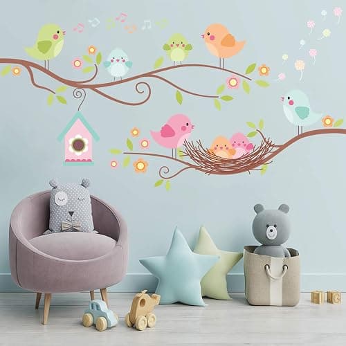 Robin Bird and Tree Branch Wall Stickers, Colorful Cute Cartoon Lovely Birds Singing On The Branch with Flowers Wall Decal, DILIBRA Removable DIY Mural Decorations for Living Room Bedroom Baby Room thumbnail 6