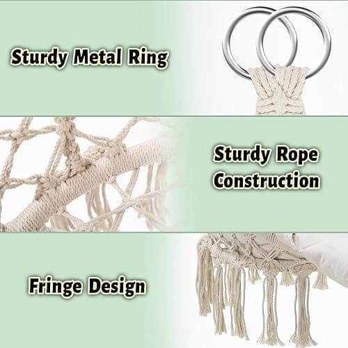 KROFEM Macrame Hammock Hanging Swinging Chair with Oversized Cushion, Perfect for Bedroom, Porch, Kids, Adults, Balcony, Beige thumbnail 4